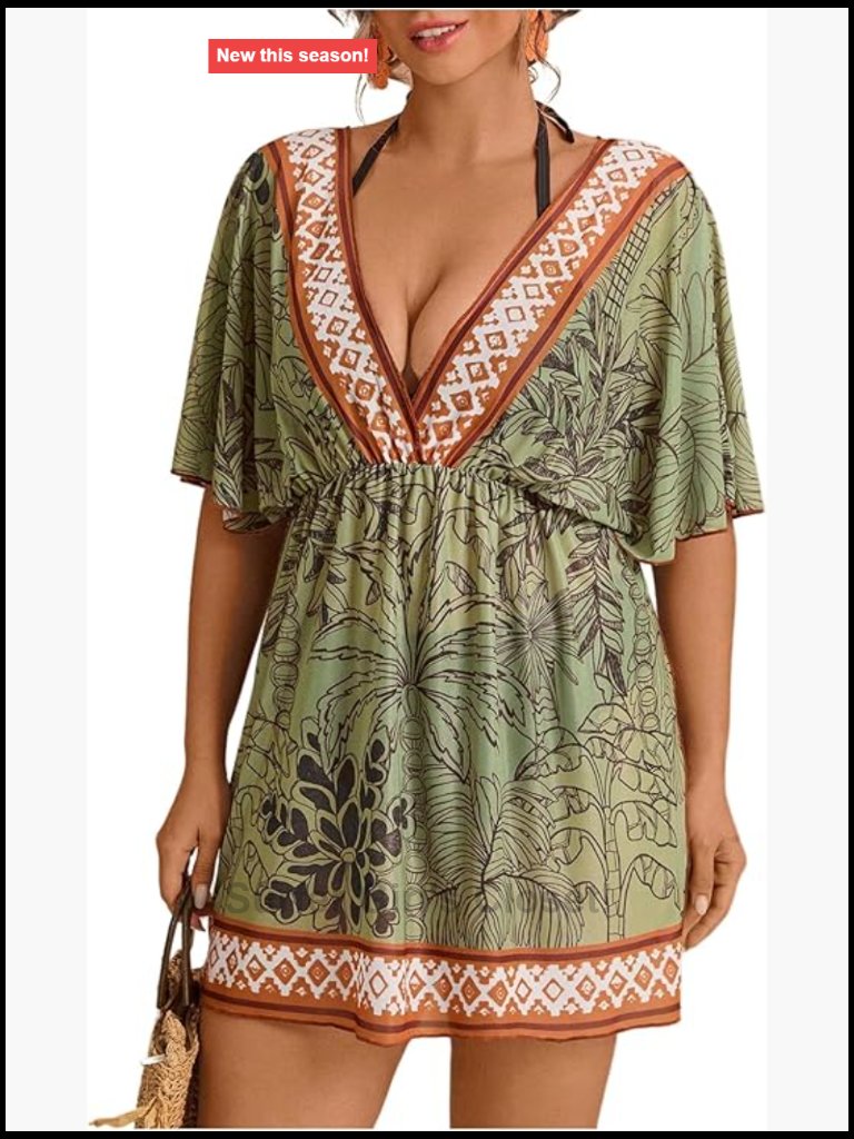 Plus Size Beach Cover Up Shirt Dress Floral Half Sleeve V Neck Boho Swimwear